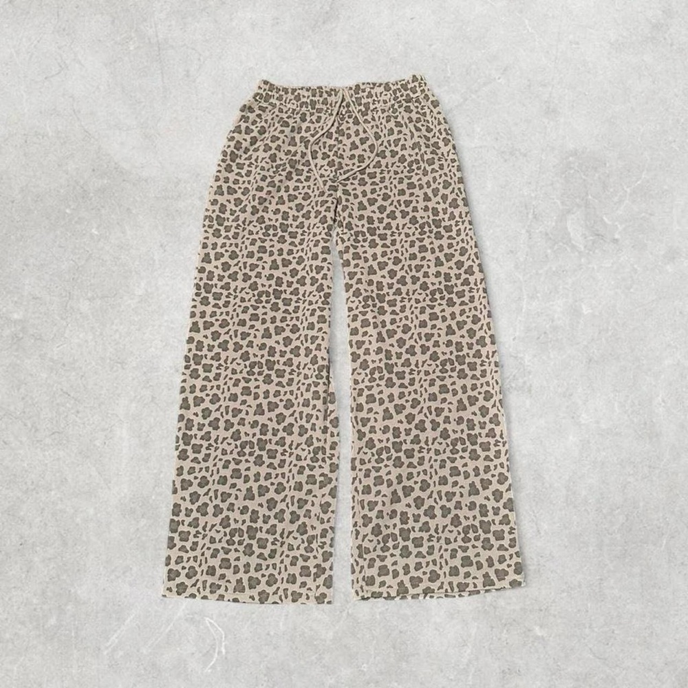 Leopard Print Wide Leg Drawstring Pants - Beige & Brown